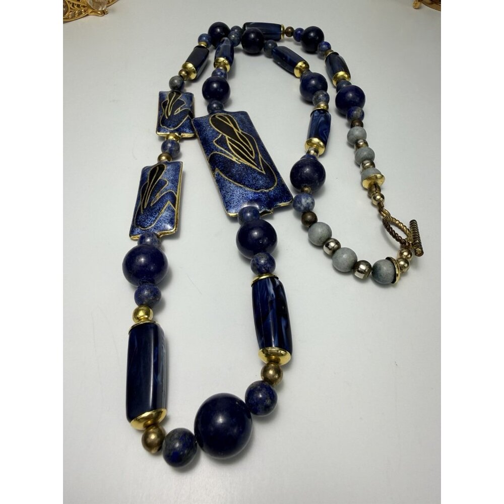Unique Artisan Lapis Lazuli Beaded Necklace Enamel Panels Toggle Clasp - Picture 5 of 9